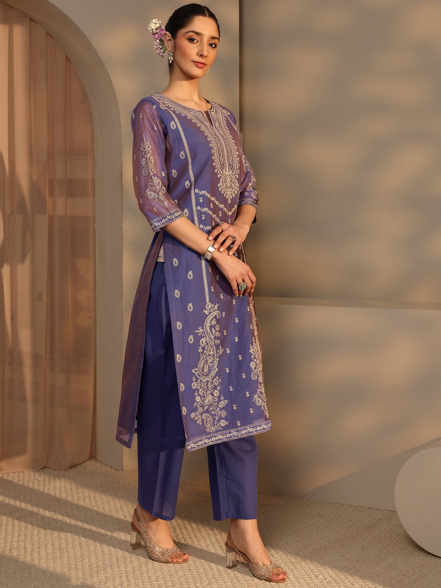 Libas Art Purple Embroidered Silk Blend Straight Suit Set With Dupatta