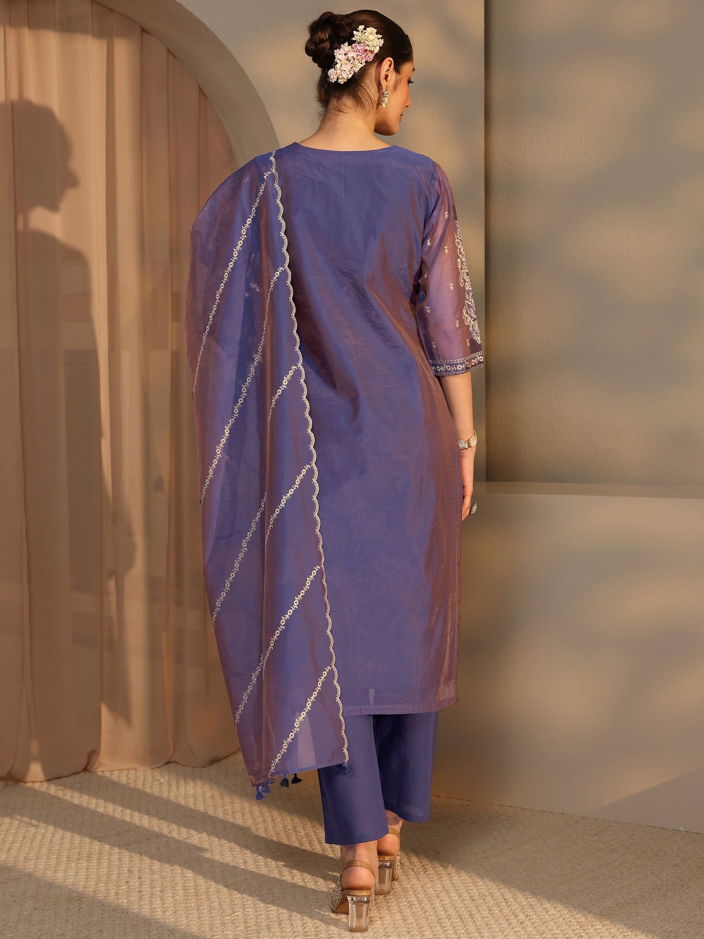 Libas Art Purple Embroidered Silk Blend Straight Suit Set With Dupatta