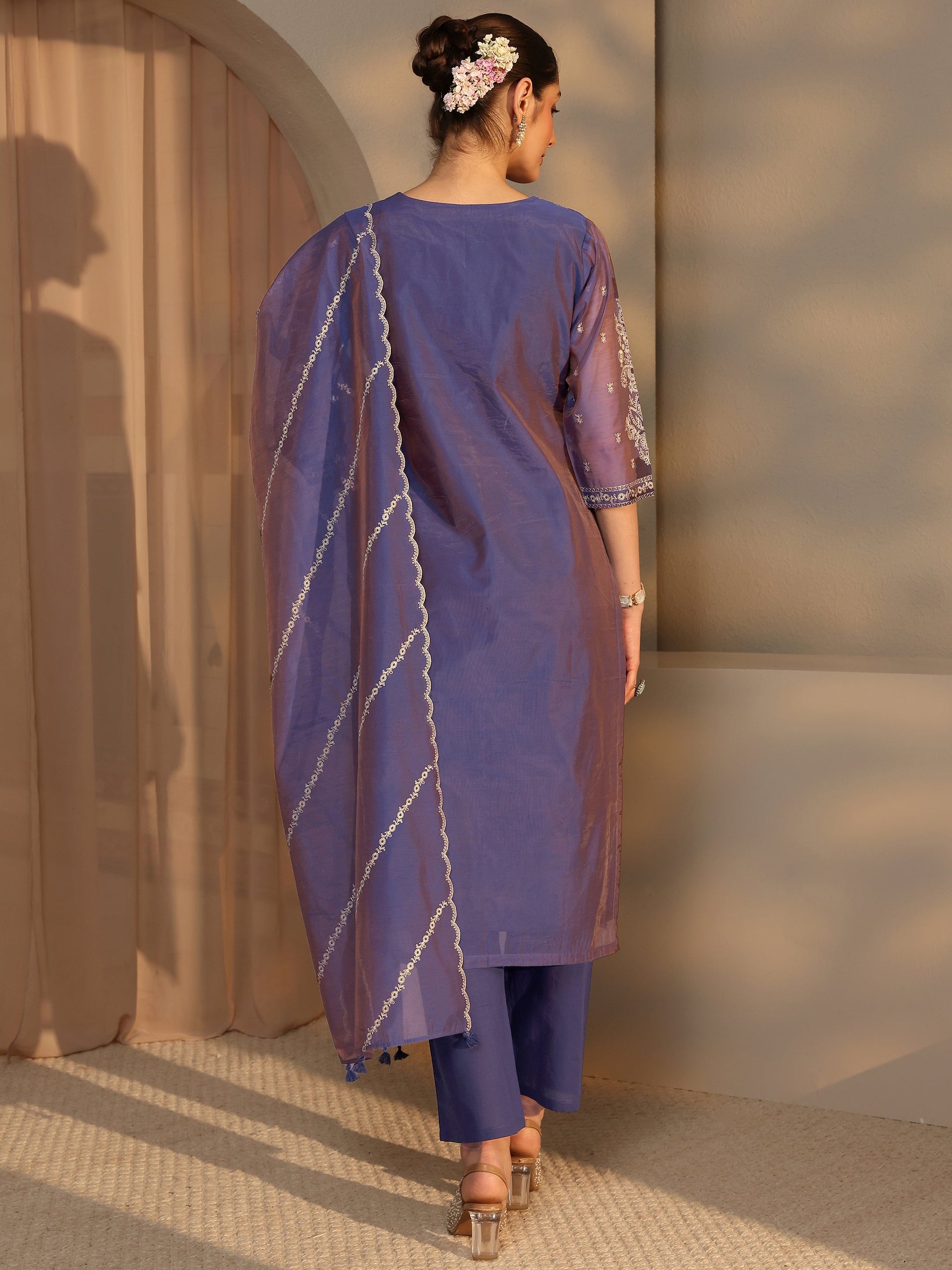 Libas Art Purple Embroidered Silk Blend Straight Suit Set With Dupatta