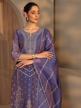 Libas Art Purple Embroidered Silk Blend Straight Suit Set With Dupatta