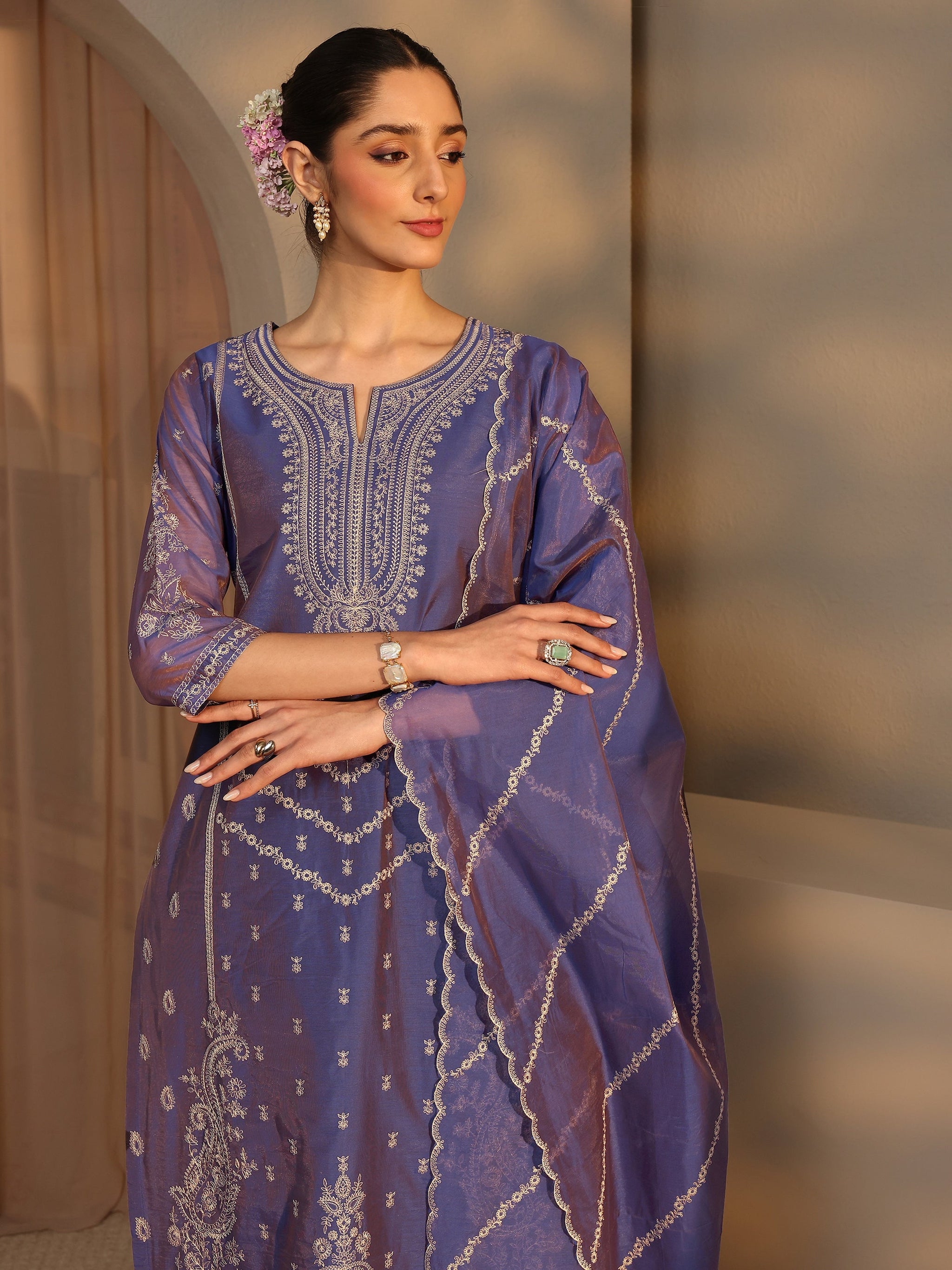 Libas Art Purple Embroidered Silk Blend Straight Suit Set With Dupatta