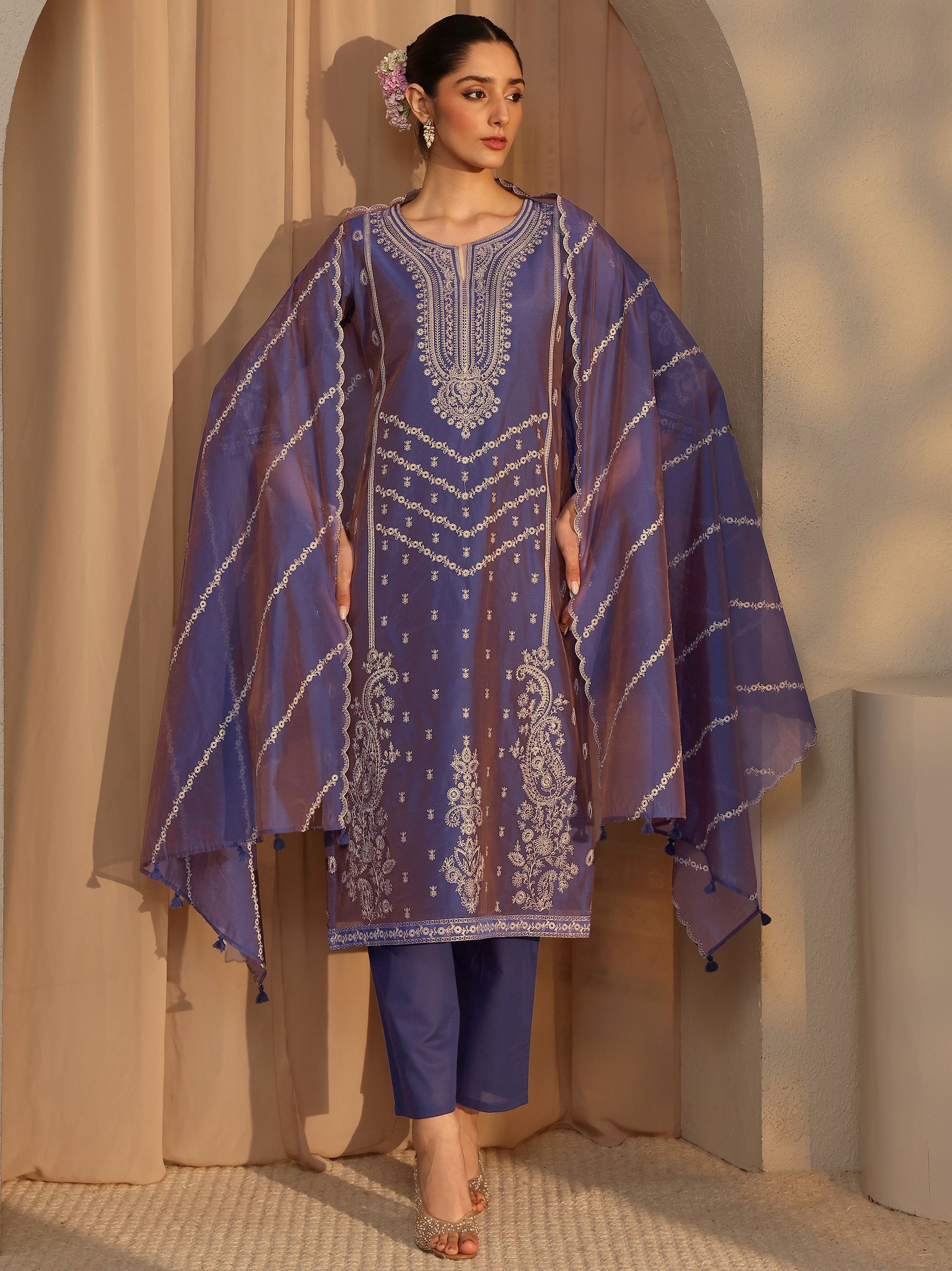 Libas Art Purple Embroidered Silk Blend Straight Suit Set With Dupatta
