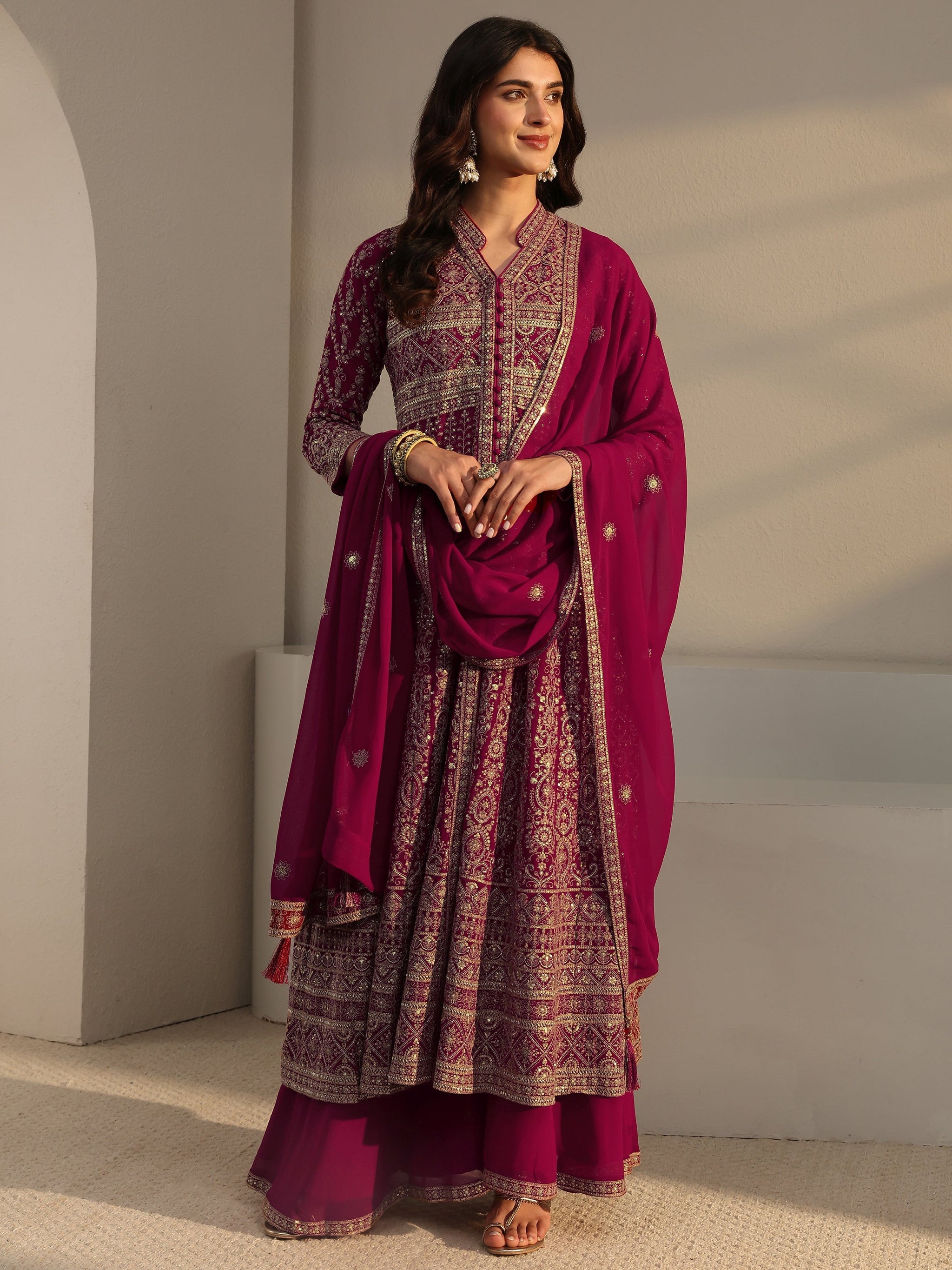 Libas Art Red Embellished Georgette Anarkali Suit Set With Dupatta