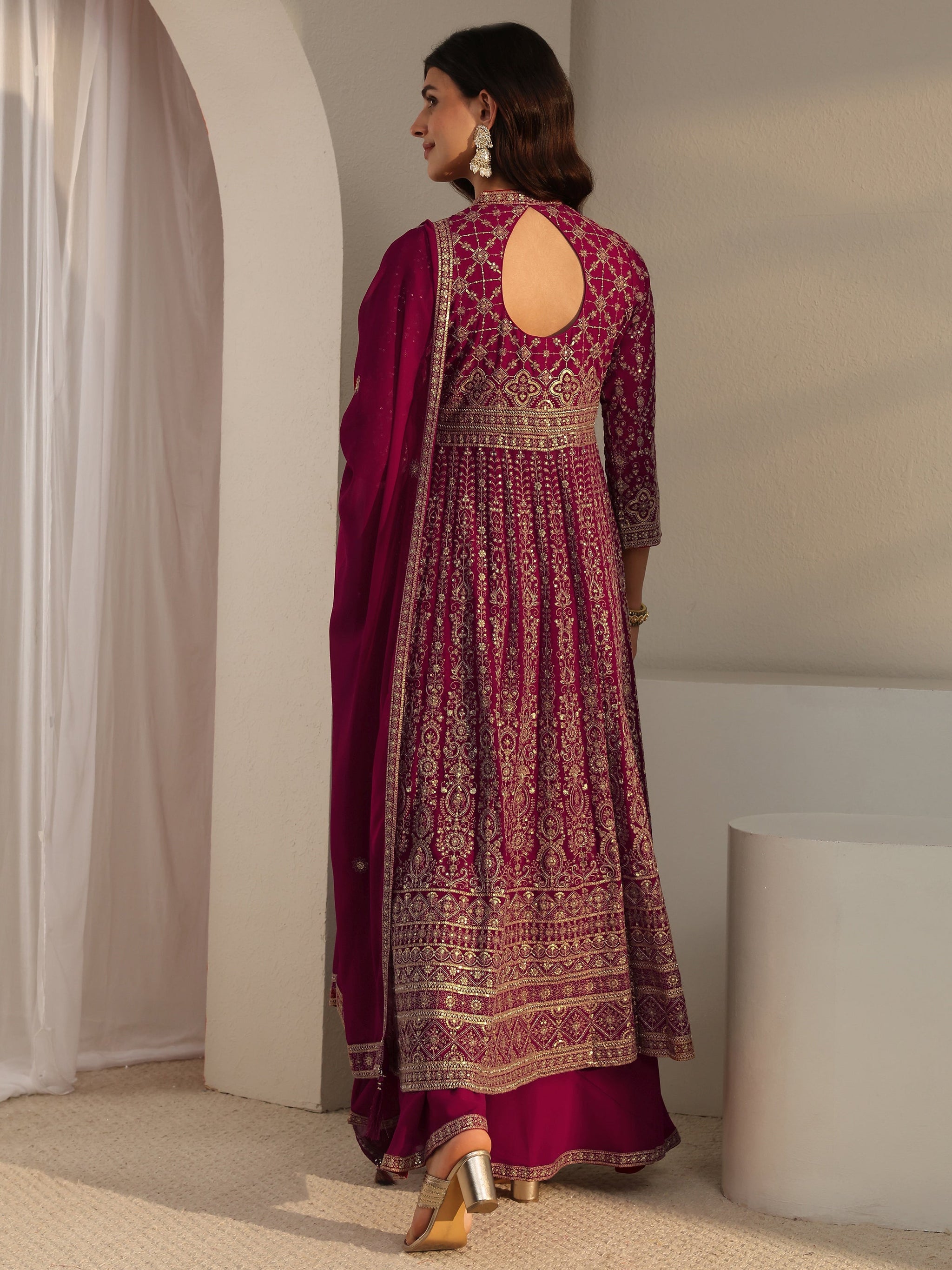 Libas Art Red Embellished Georgette Anarkali Suit Set With Dupatta