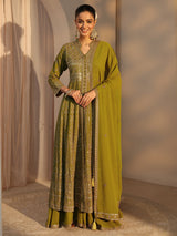 Libas Art Green Embroidered Georgette A-Line Suits Set With Dupatta