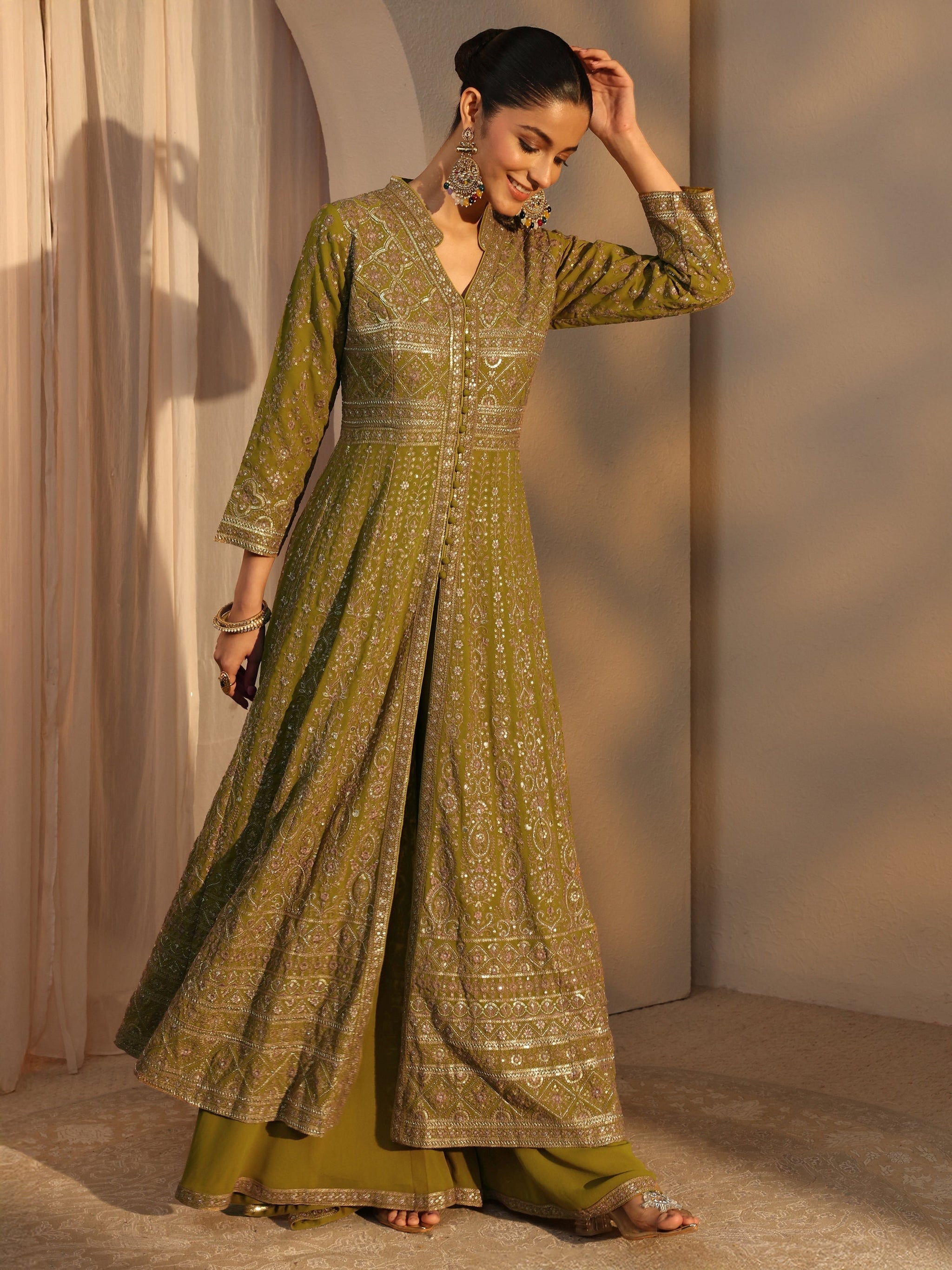 Libas Art Green Embroidered Georgette A-Line Suits Set With Dupatta