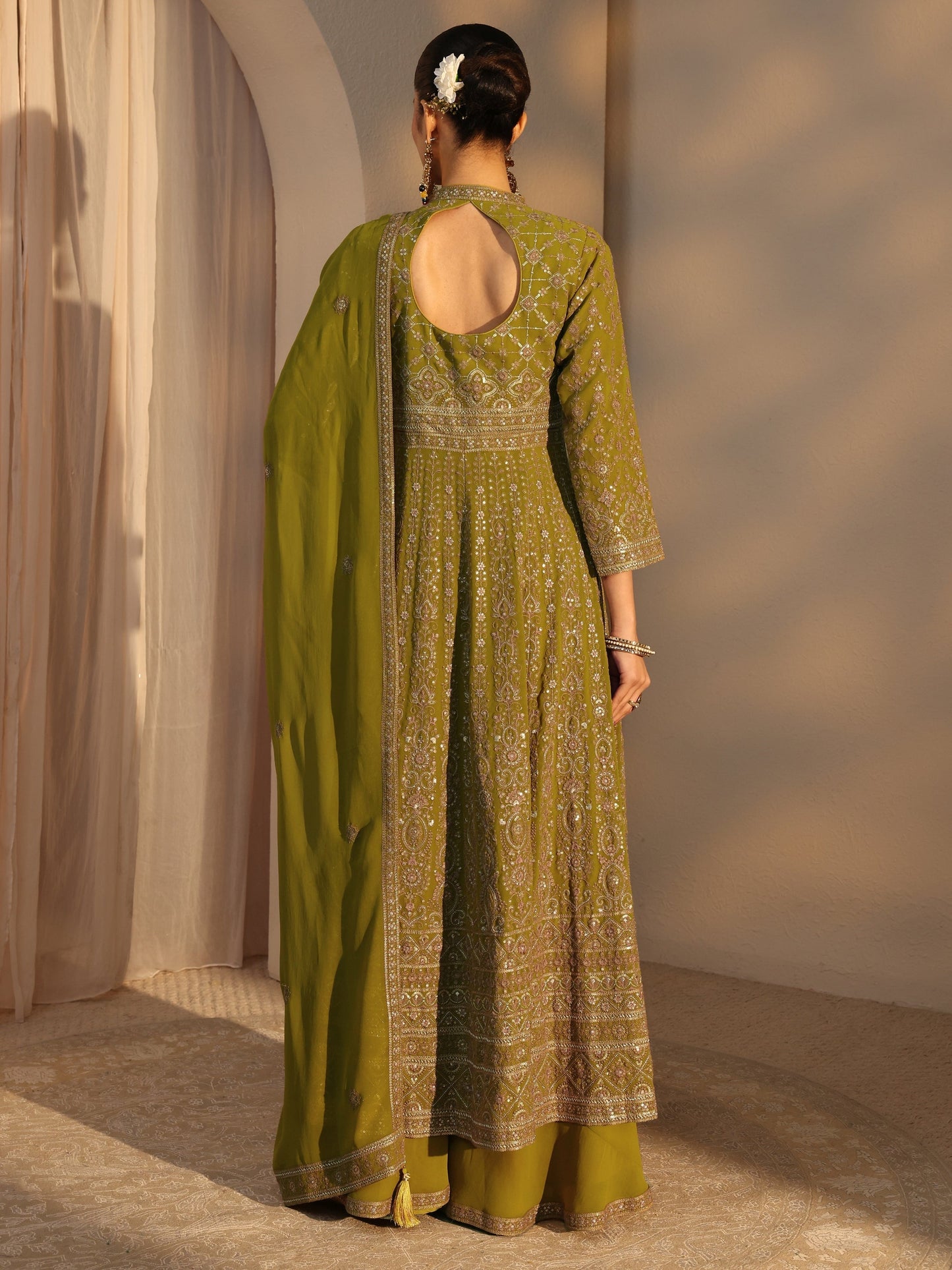 Libas Art Green Embroidered Georgette A-Line Suits Set With Dupatta