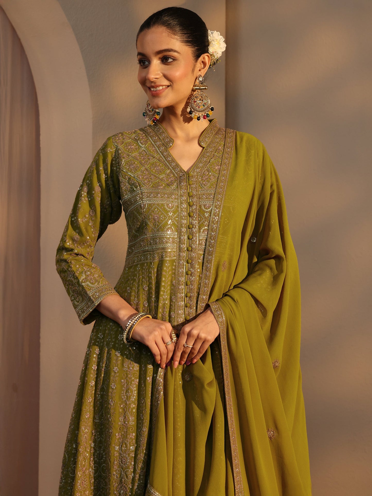 Libas Art Green Embroidered Georgette A-Line Suits Set With Dupatta
