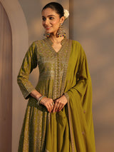 Libas Art Green Embroidered Georgette A-Line Suits Set With Dupatta
