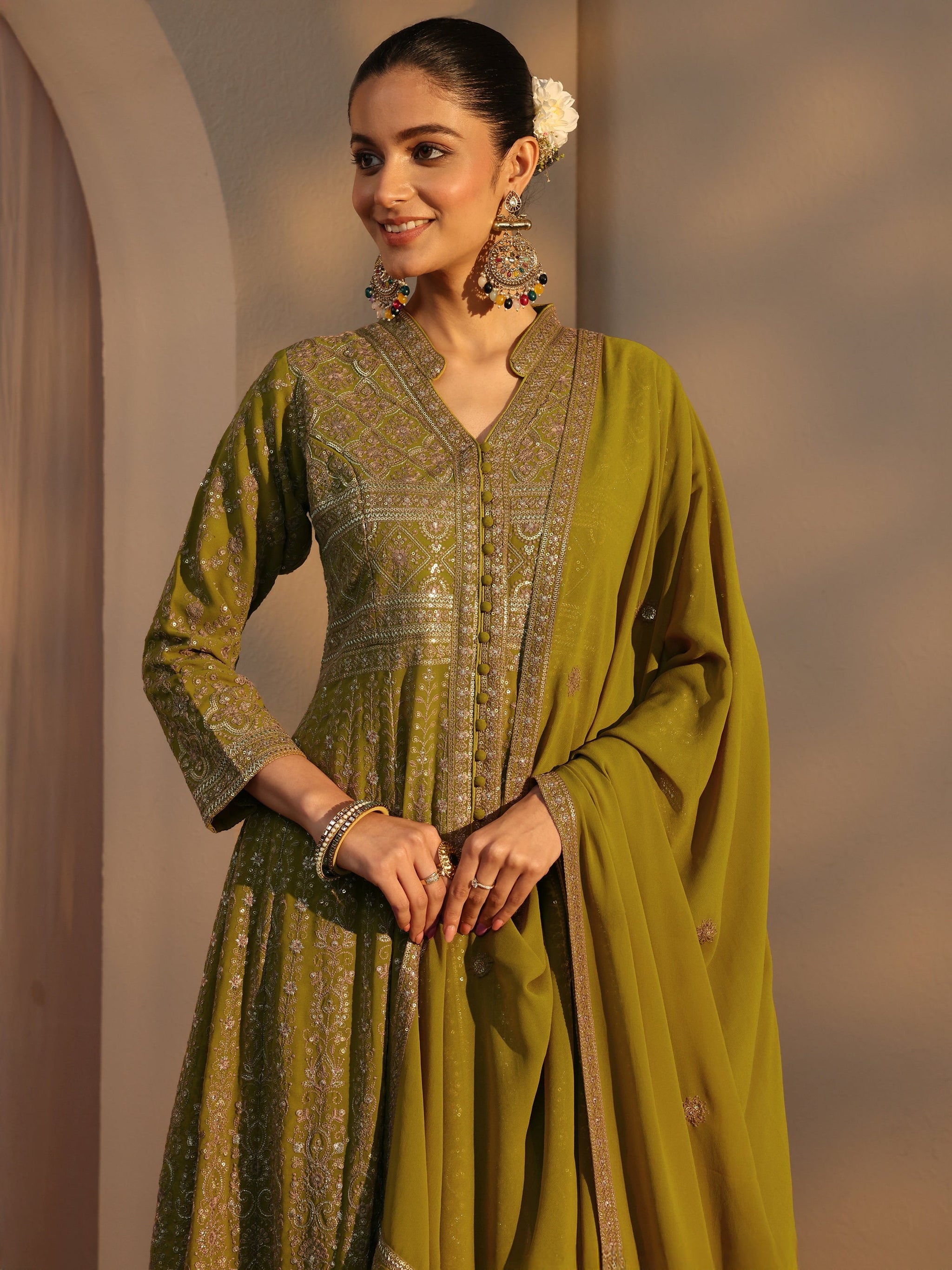 Libas Art Green Embroidered Georgette A-Line Suits Set With Dupatta