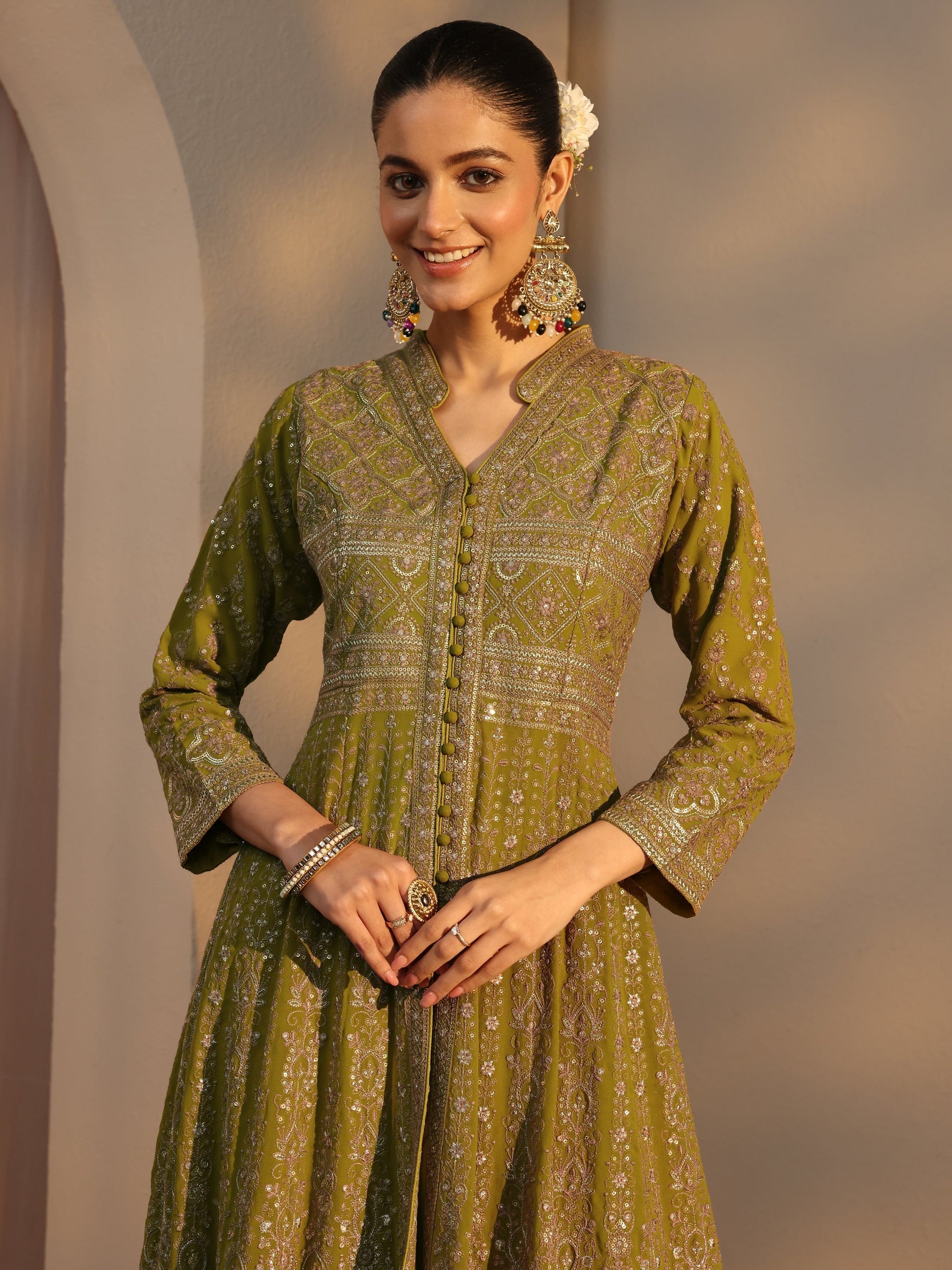 Libas Art Green Embroidered Georgette A-Line Suits Set With Dupatta