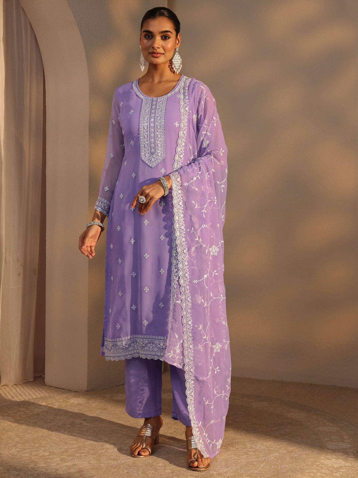 Libas Lavender Floral Embroidered Silk Chiffon Straight Suit Set With Dupatta