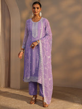 Libas Lavender Floral Embroidered Silk Chiffon Straight Suit Set With Dupatta