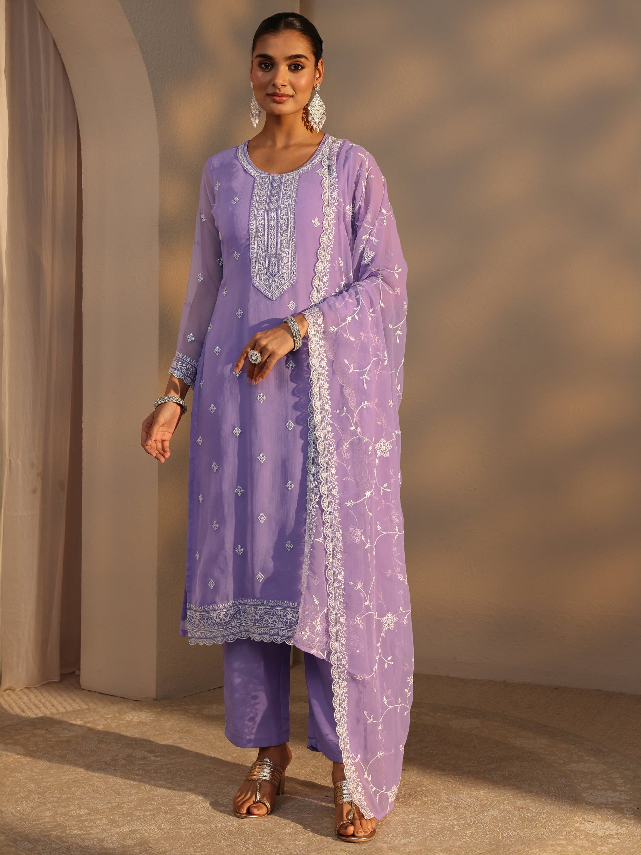 Libas Lavender Floral Embroidered Silk Chiffon Straight Suit Set With Dupatta