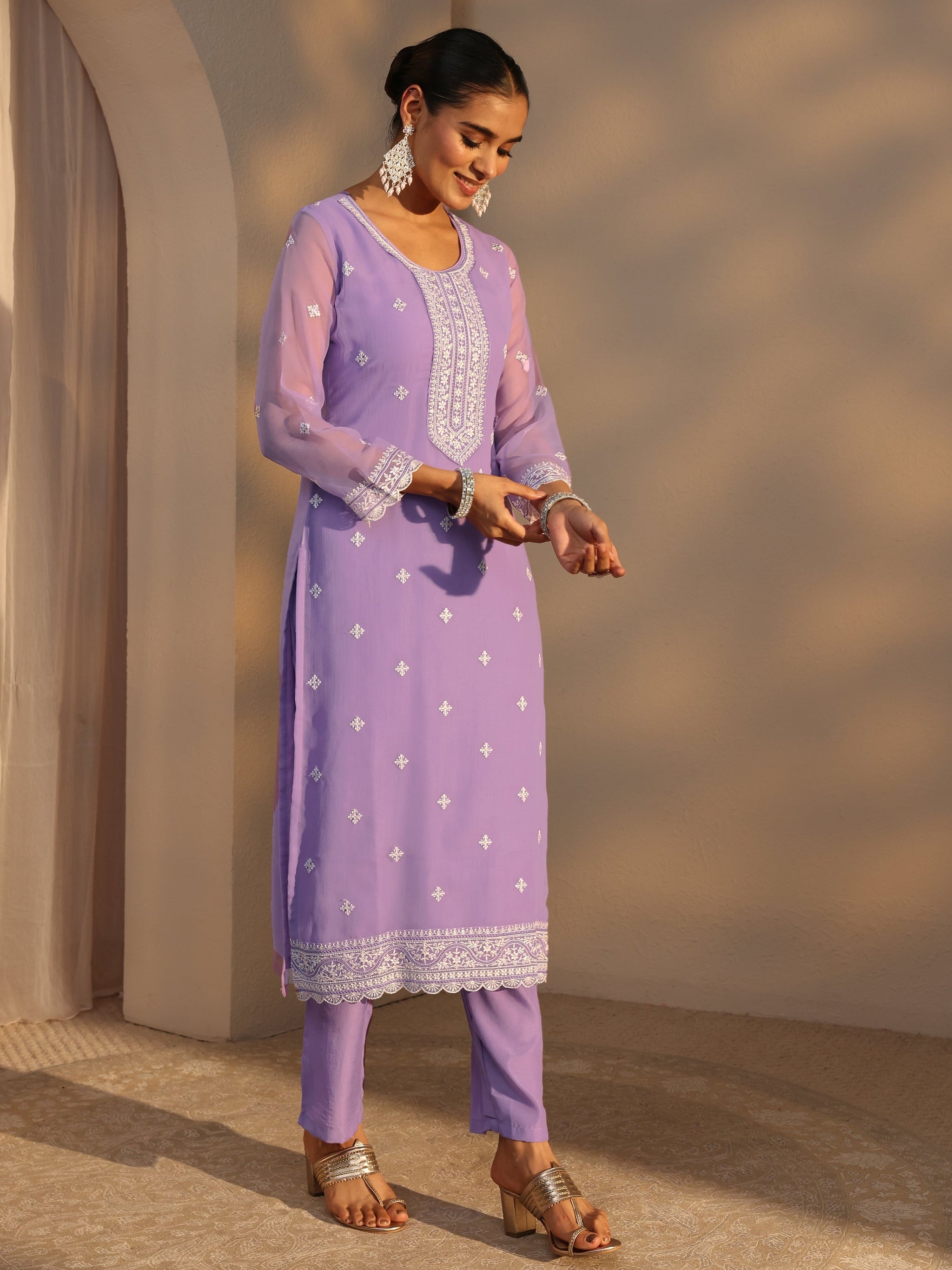 Libas Lavender Floral Embroidered Silk Chiffon Straight Suit Set With Dupatta
