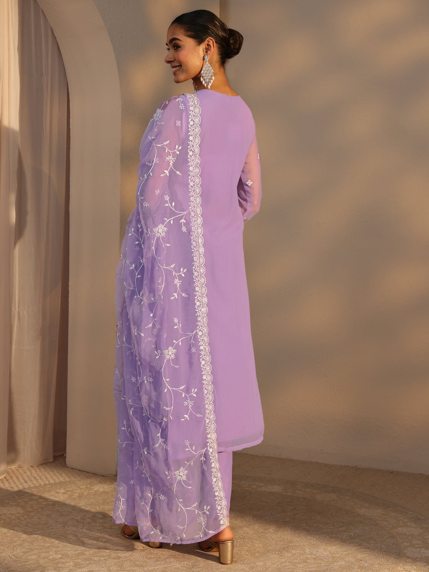 Libas Lavender Floral Embroidered Silk Chiffon Straight Suit Set With Dupatta