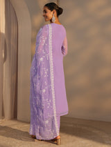 Libas Lavender Floral Embroidered Silk Chiffon Straight Suit Set With Dupatta
