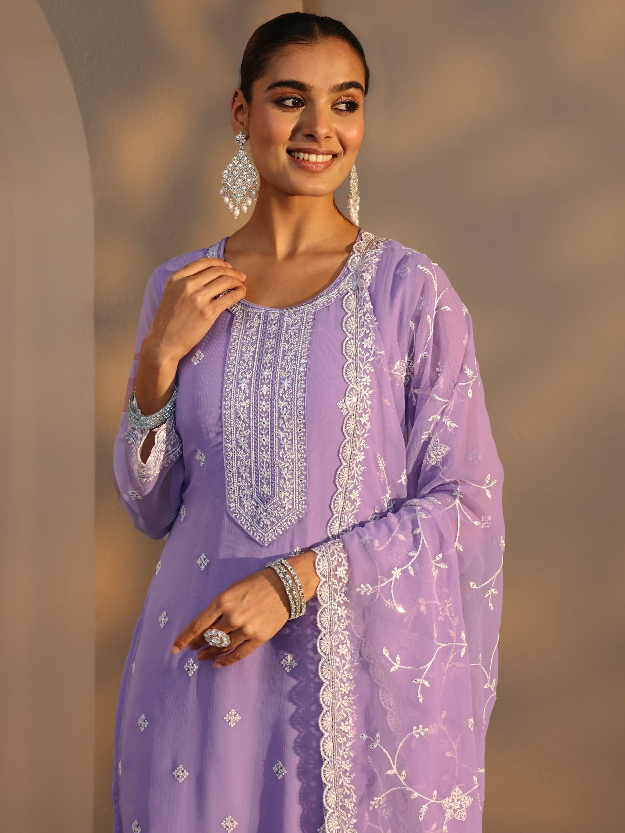 Libas Lavender Floral Embroidered Silk Chiffon Straight Suit Set With Dupatta