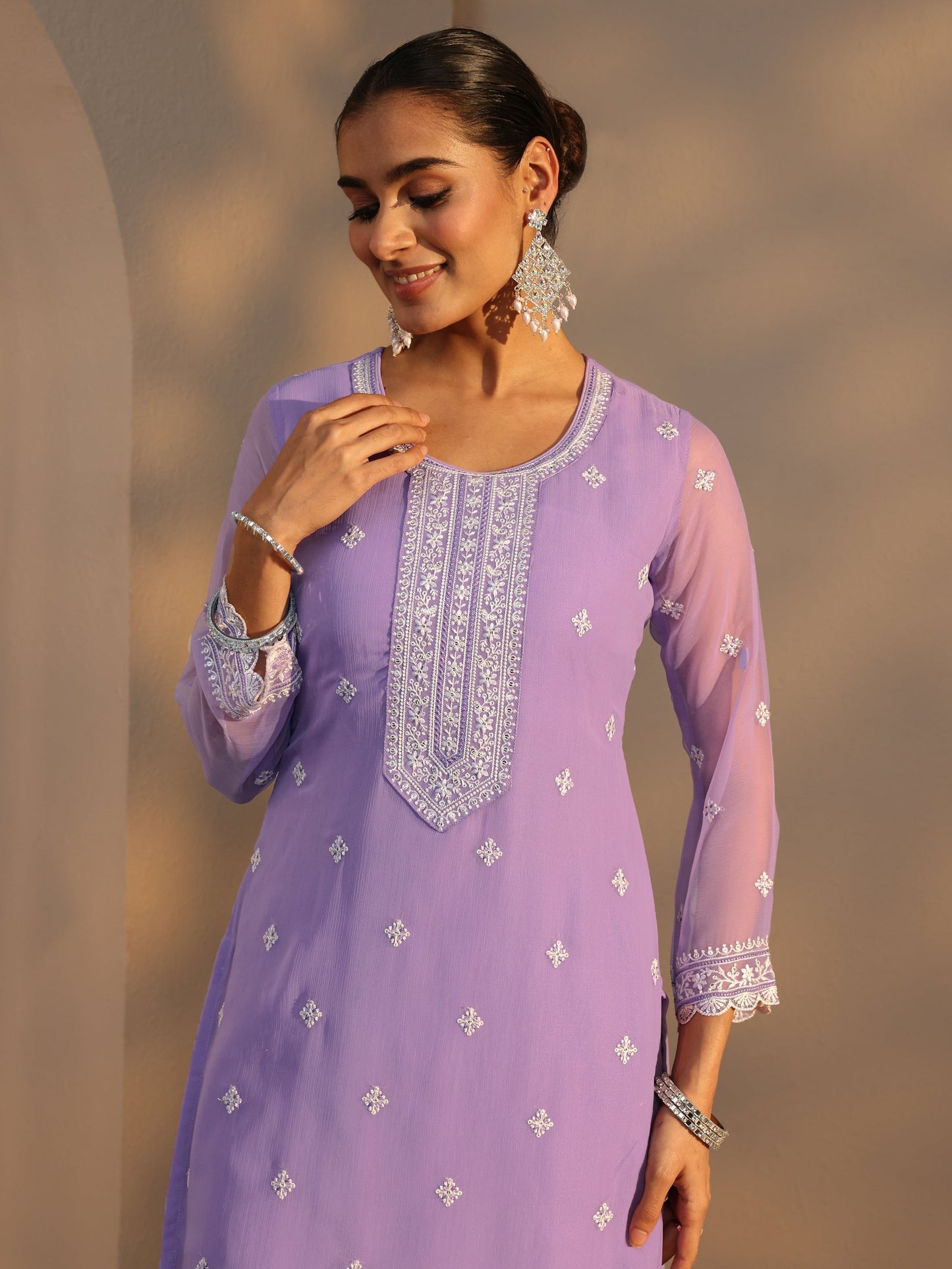 Libas Lavender Floral Embroidered Silk Chiffon Straight Suit Set With Dupatta