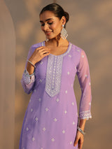 Libas Lavender Floral Embroidered Silk Chiffon Straight Suit Set With Dupatta