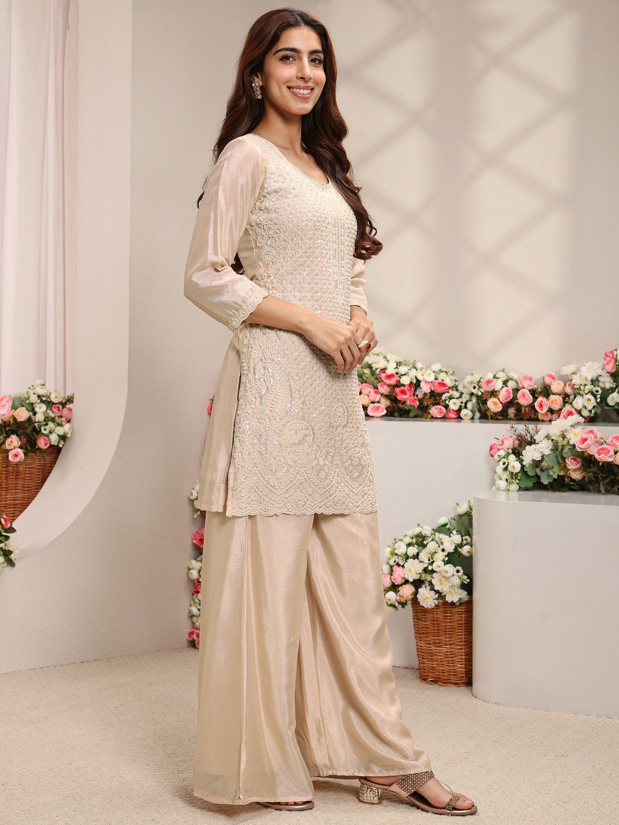 Libas Beige Embellished Chinon Straight Suit Set With Dupatta
