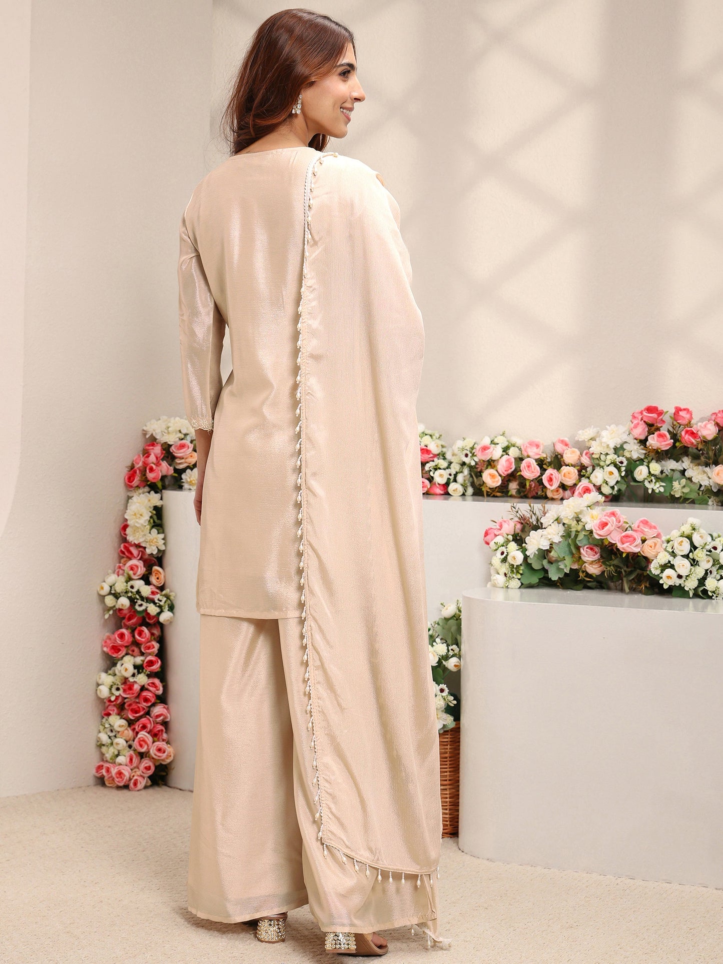 Libas Beige Embellished Chinon Straight Suit Set With Dupatta
