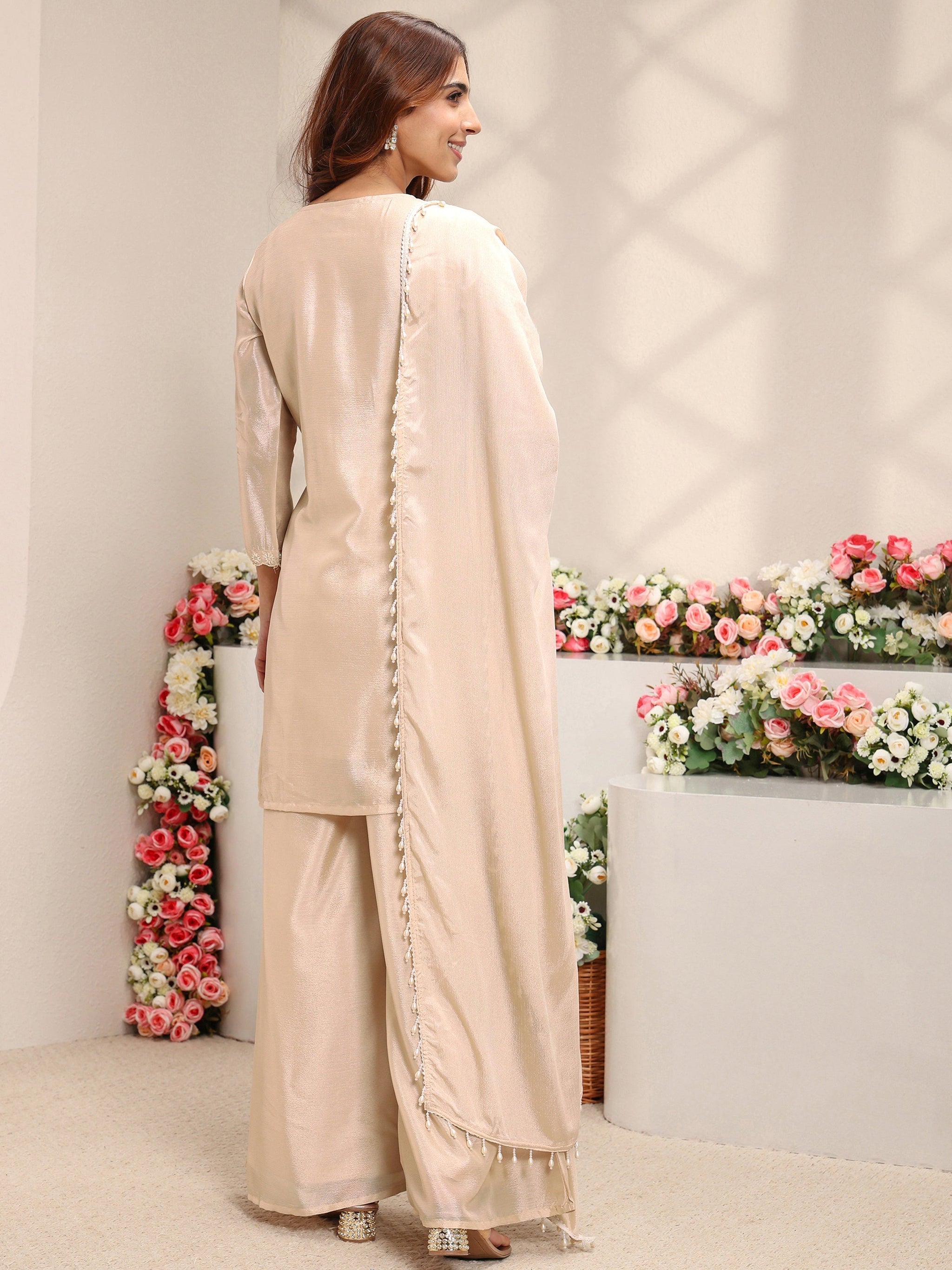 Libas Beige Embellished Chinon Straight Suit Set With Dupatta