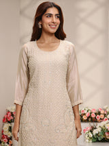 Libas Beige Embellished Chinon Straight Suit Set With Dupatta