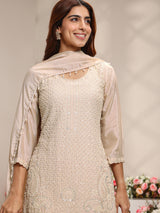 Libas Beige Embellished Chinon Straight Suit Set With Dupatta