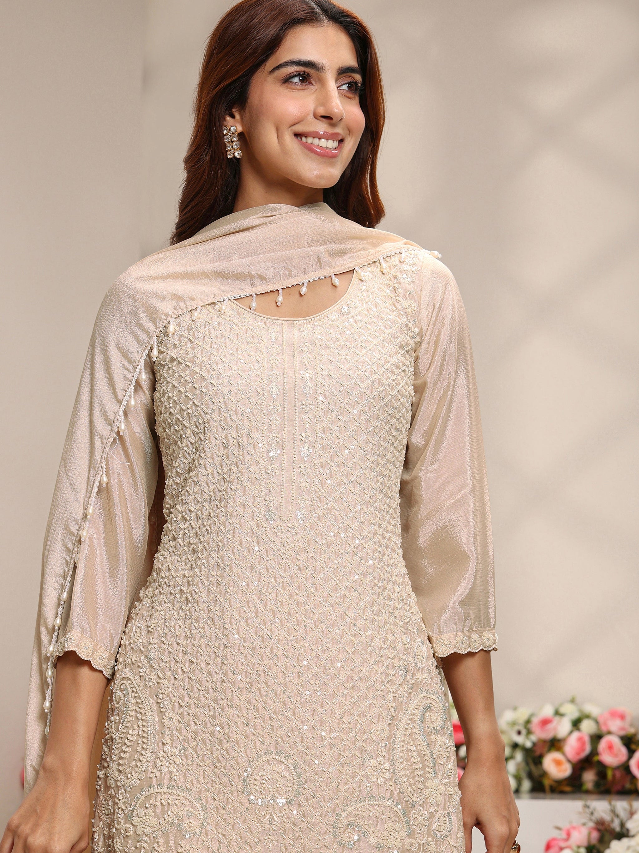 Libas Beige Embellished Chinon Straight Suit Set With Dupatta