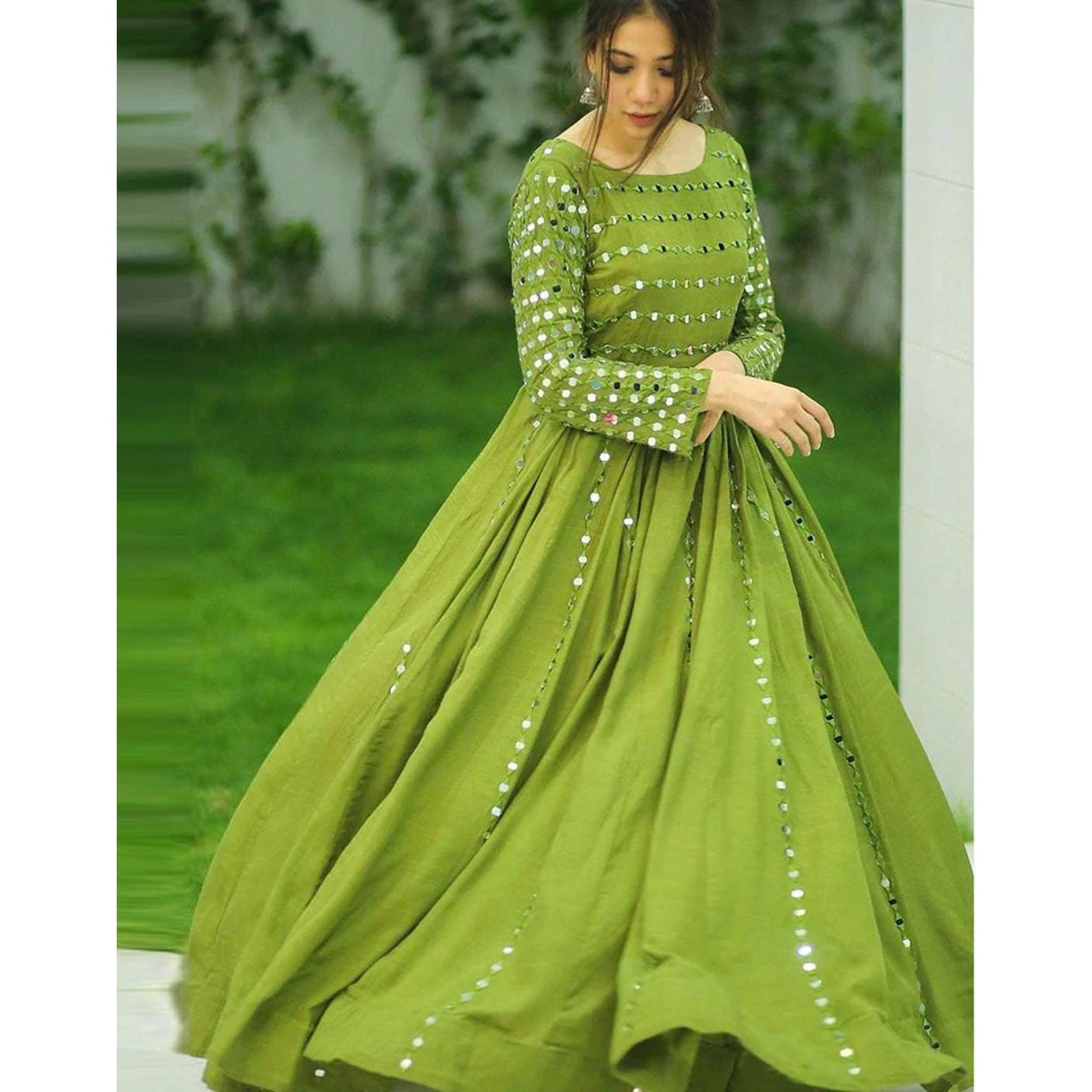 Green Georgette Party Wear Long Gown with Mirror Work