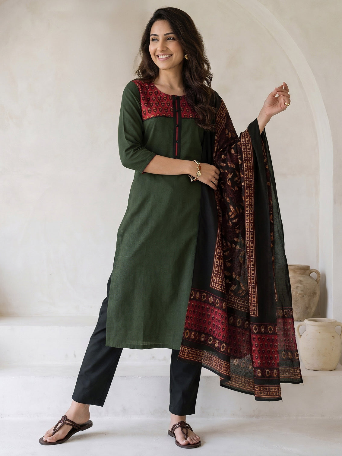 Mameraa Green Printed Cotton Blend Straight Suit Set