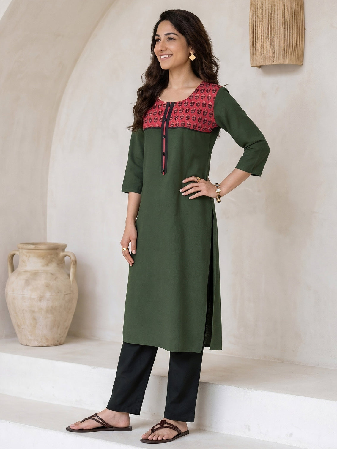 Mameraa Green Printed Cotton Blend Straight Suit Set