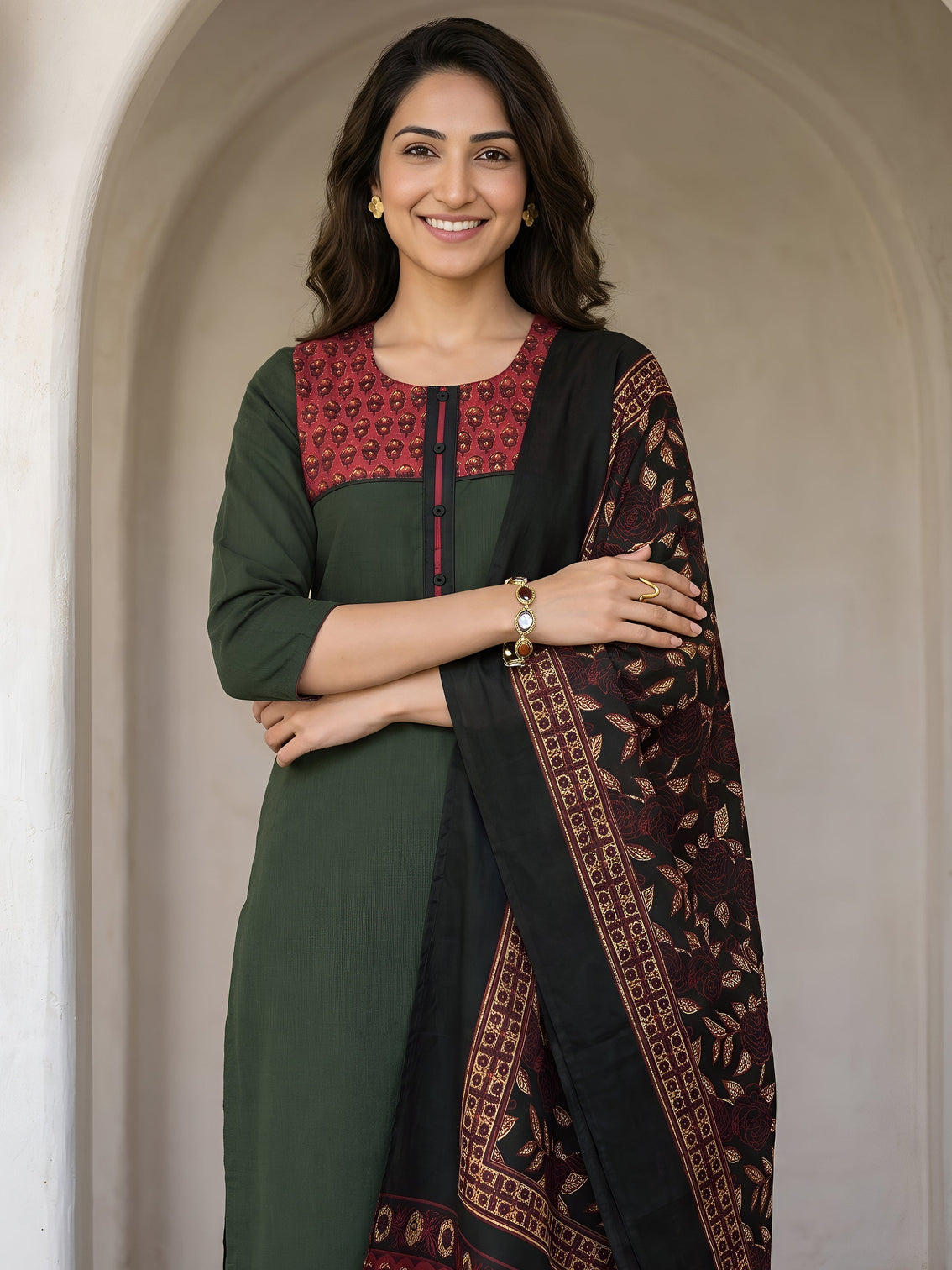 Mameraa Green Printed Cotton Blend Straight Suit Set