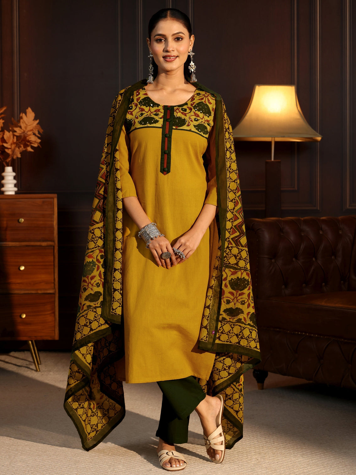 Mameraa Mustard Printed Cotton Blend Straight Suit Set