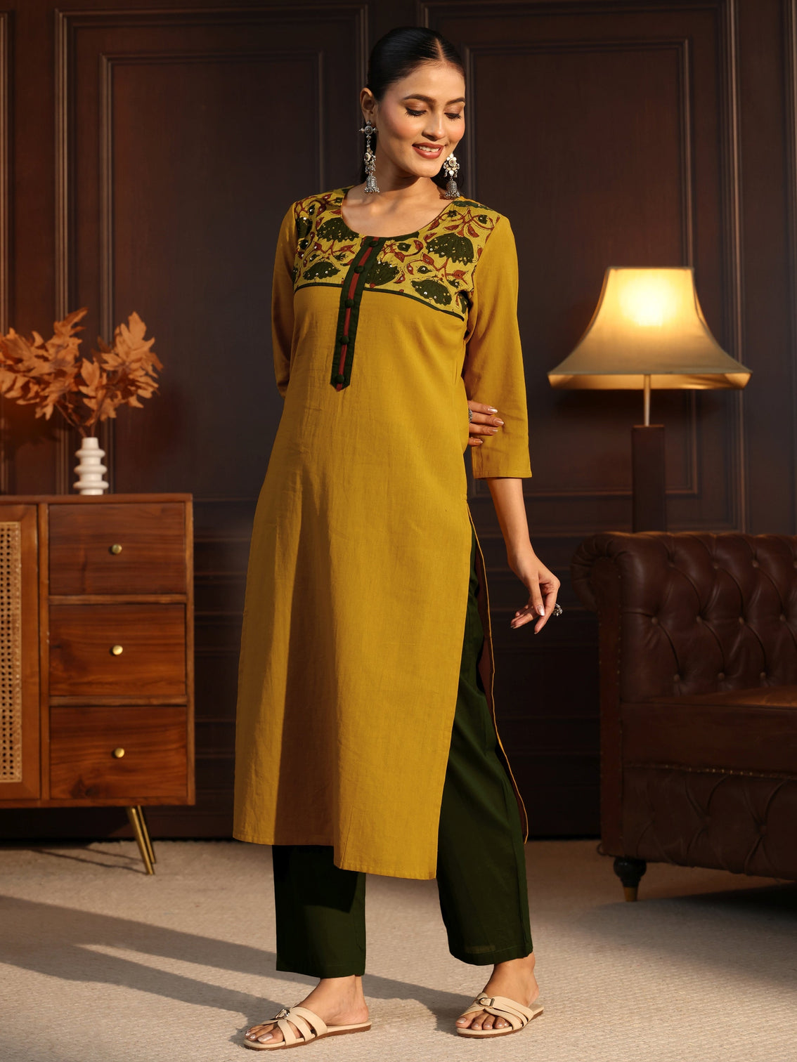 Mameraa Mustard Printed Cotton Blend Straight Suit Set