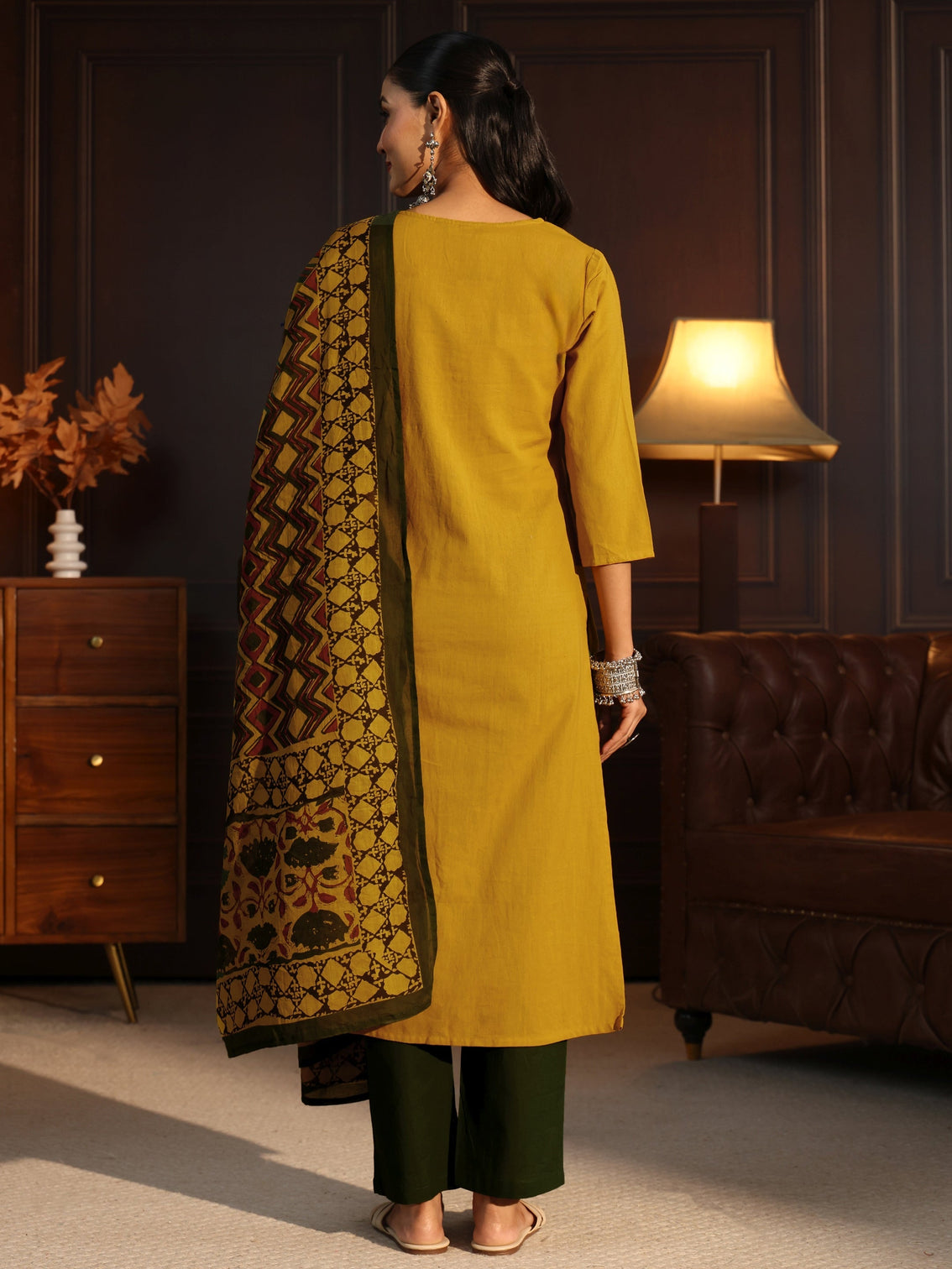 Mameraa Mustard Printed Cotton Blend Straight Suit Set