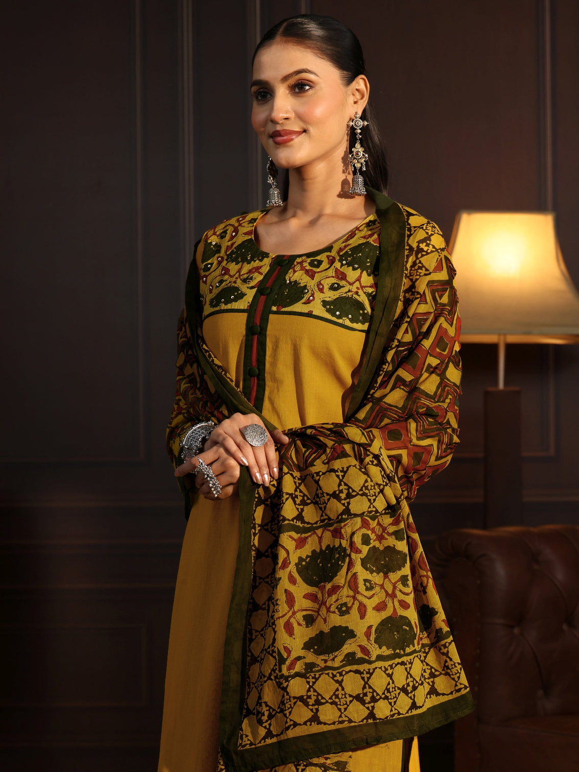 Mameraa Mustard Printed Cotton Blend Straight Suit Set