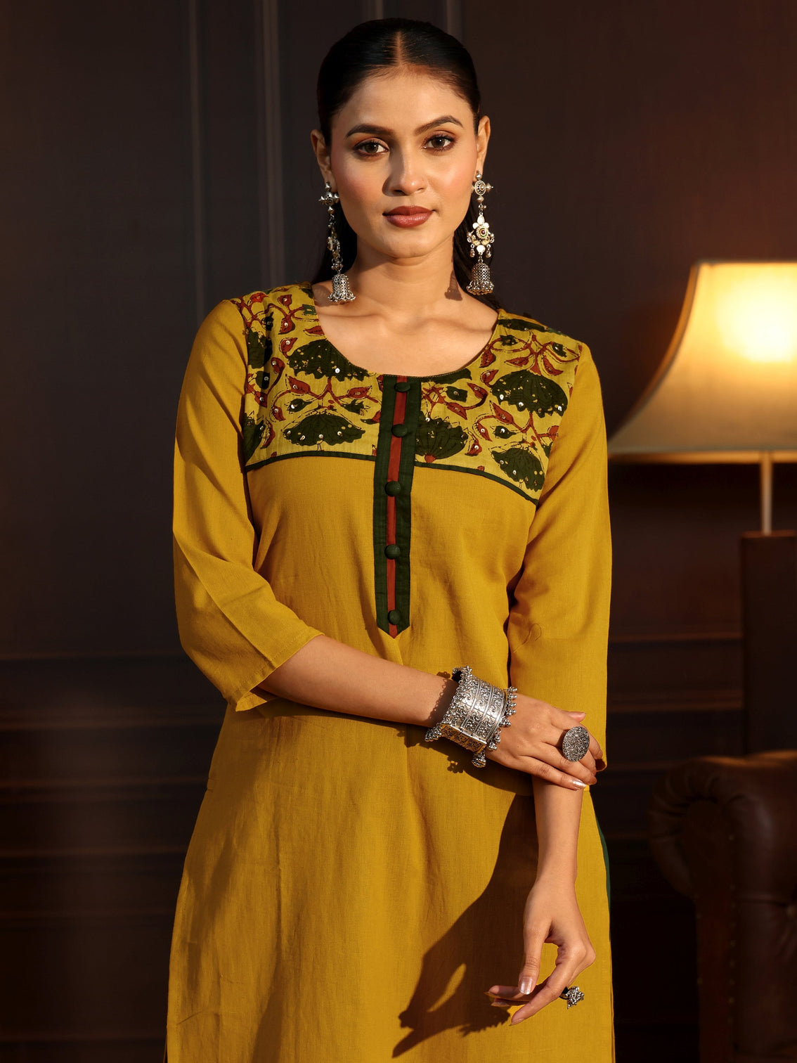Mameraa Mustard Printed Cotton Blend Straight Suit Set