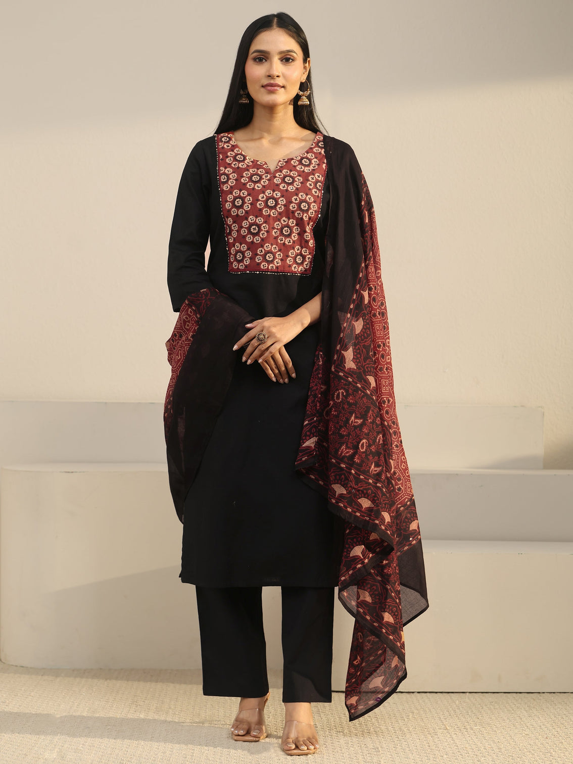 Mameraa Black Yoke Printed Cotton Straight Suit Set
