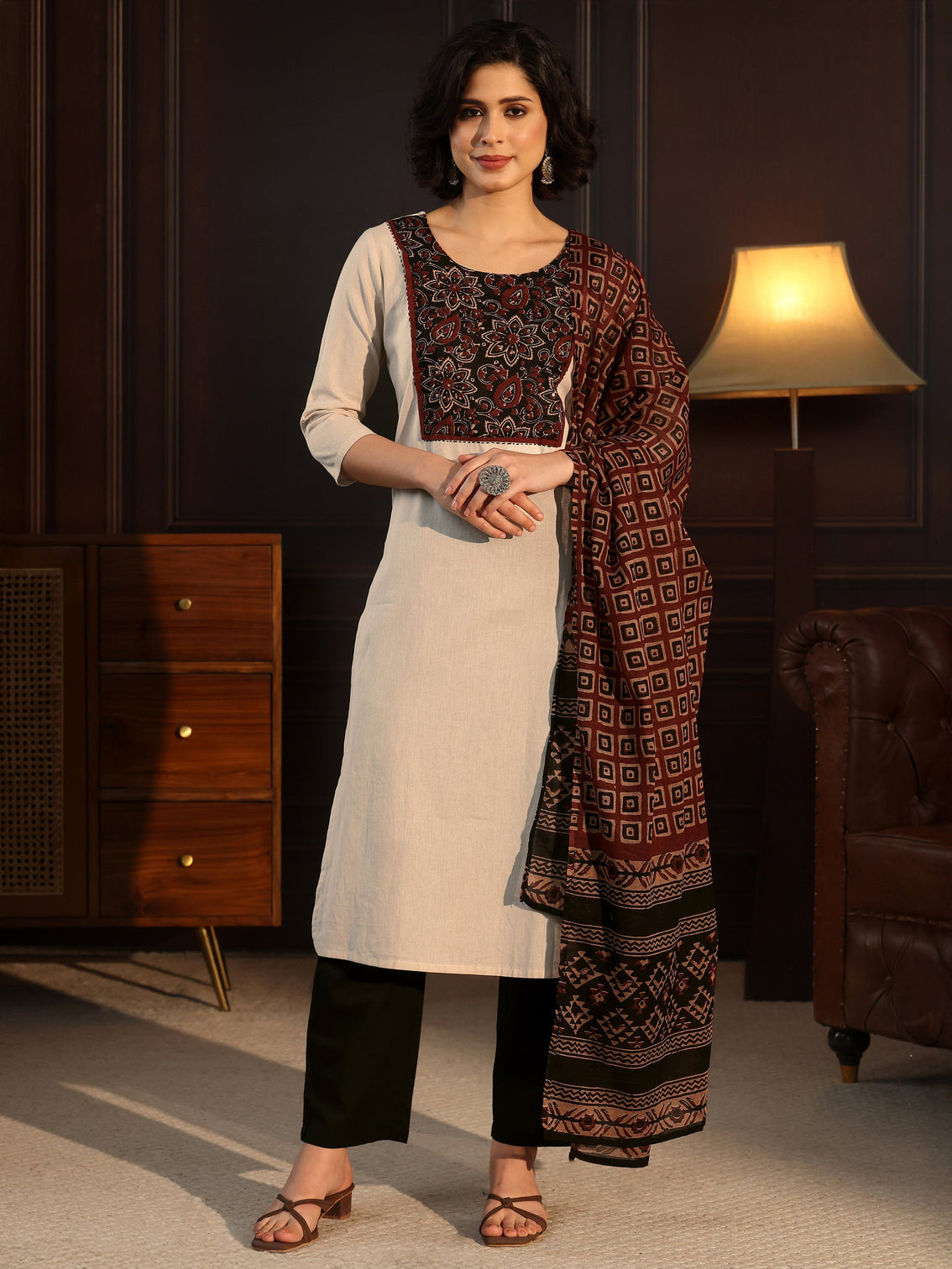 Mameraa Off White Floral Printed Cotton Blend Straight Suit Set