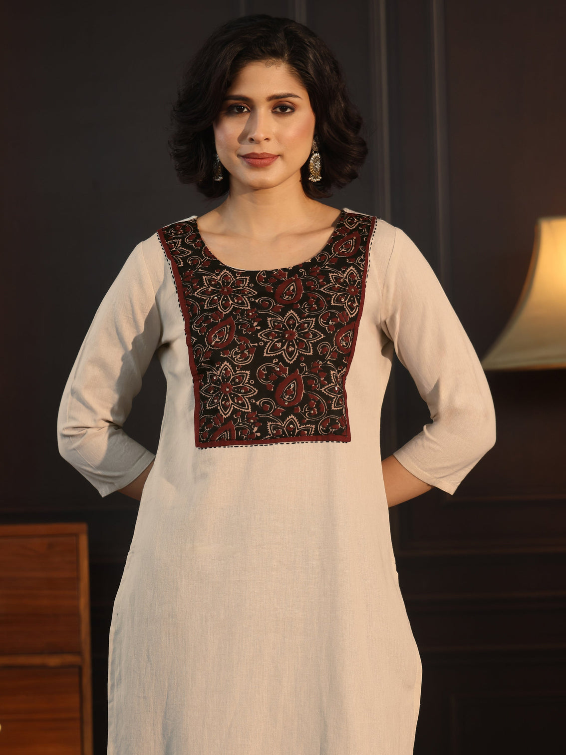 Mameraa Off White Floral Printed Cotton Blend Straight Suit Set