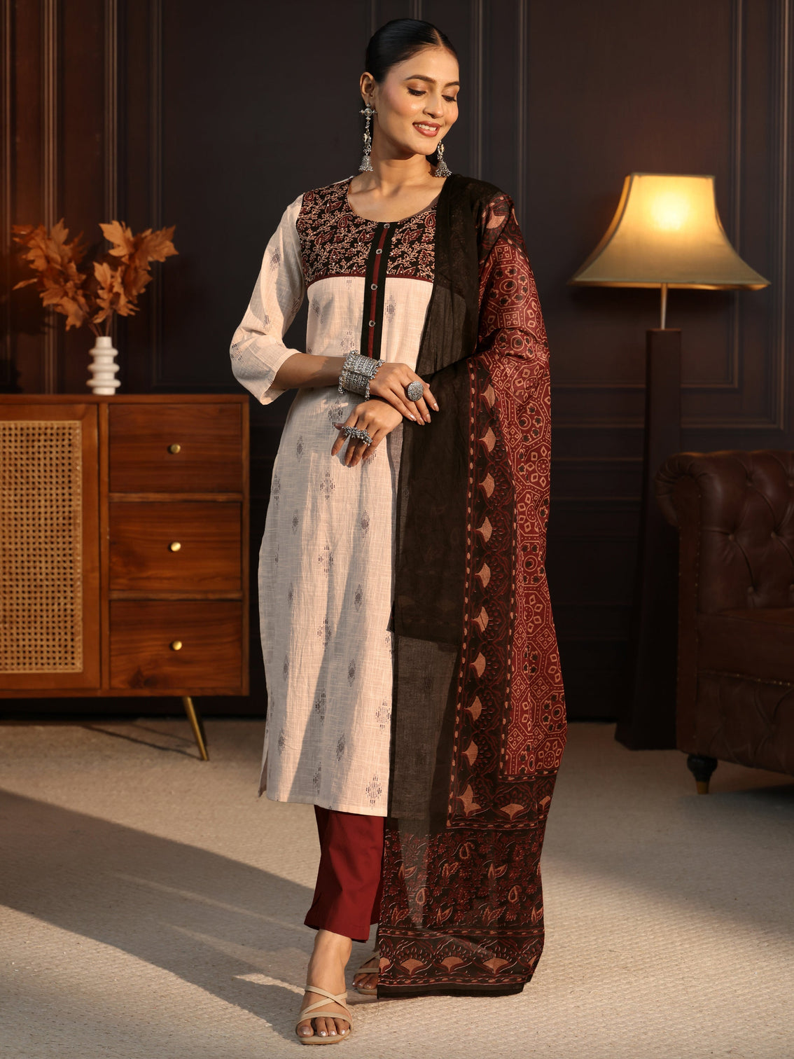 Mameraa Off White Embroidered Cotton Blend Straight Suit Set