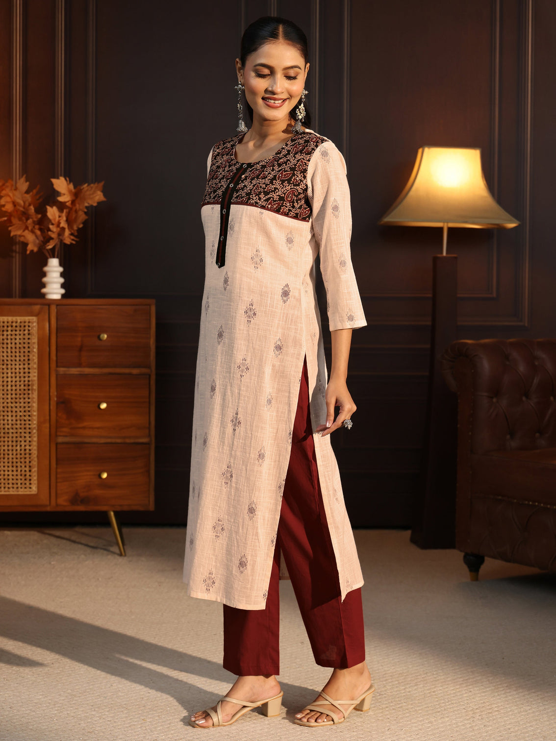 Mameraa Off White Embroidered Cotton Blend Straight Suit Set