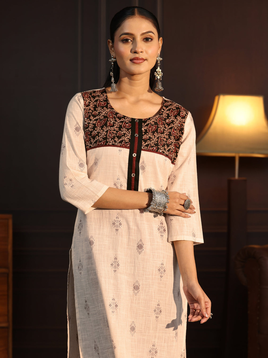 Mameraa Off White Embroidered Cotton Blend Straight Suit Set