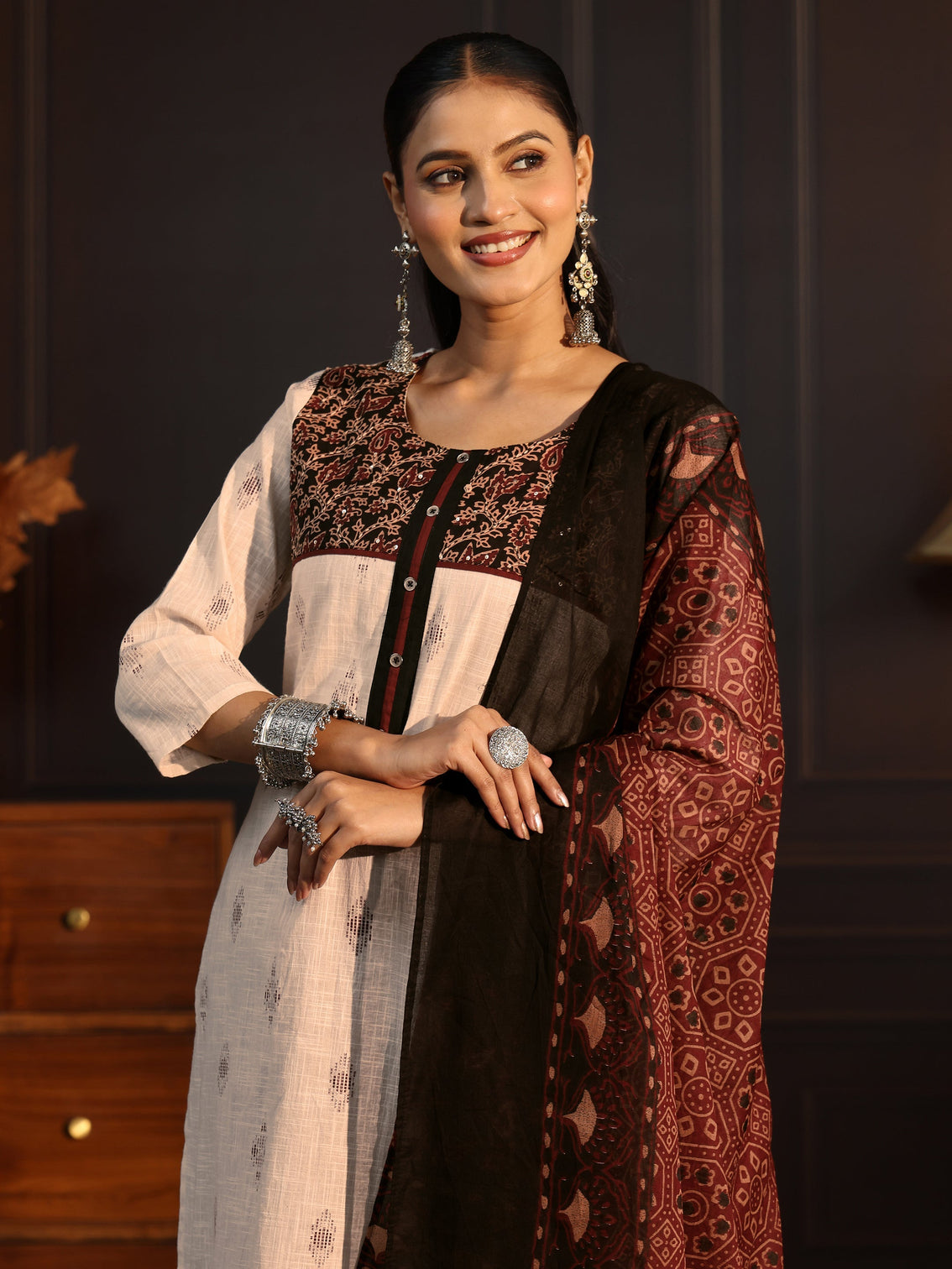 Mameraa Off White Embroidered Cotton Blend Straight Suit Set