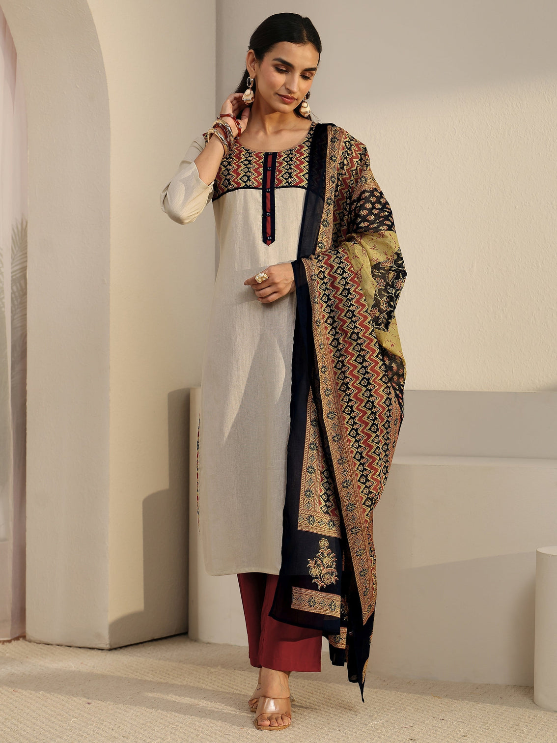 Mameraa Off White Chevron Cotton Blend Straight Suit Set
