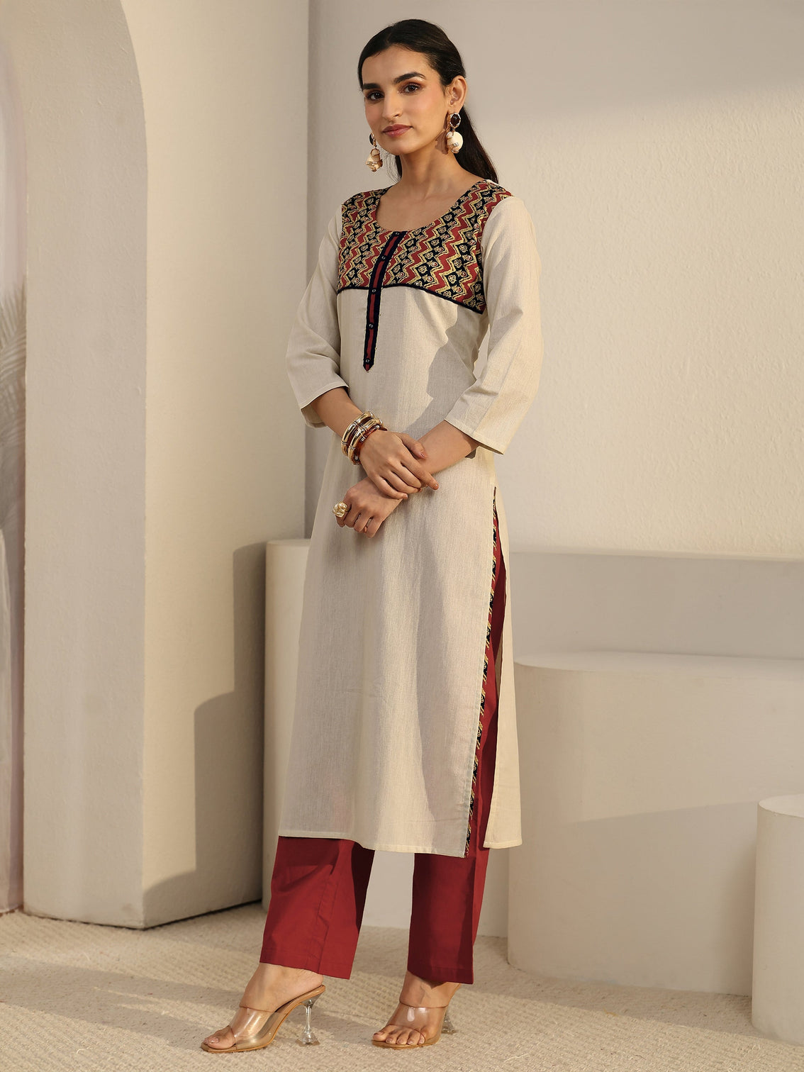 Mameraa Off White Chevron Cotton Blend Straight Suit Set