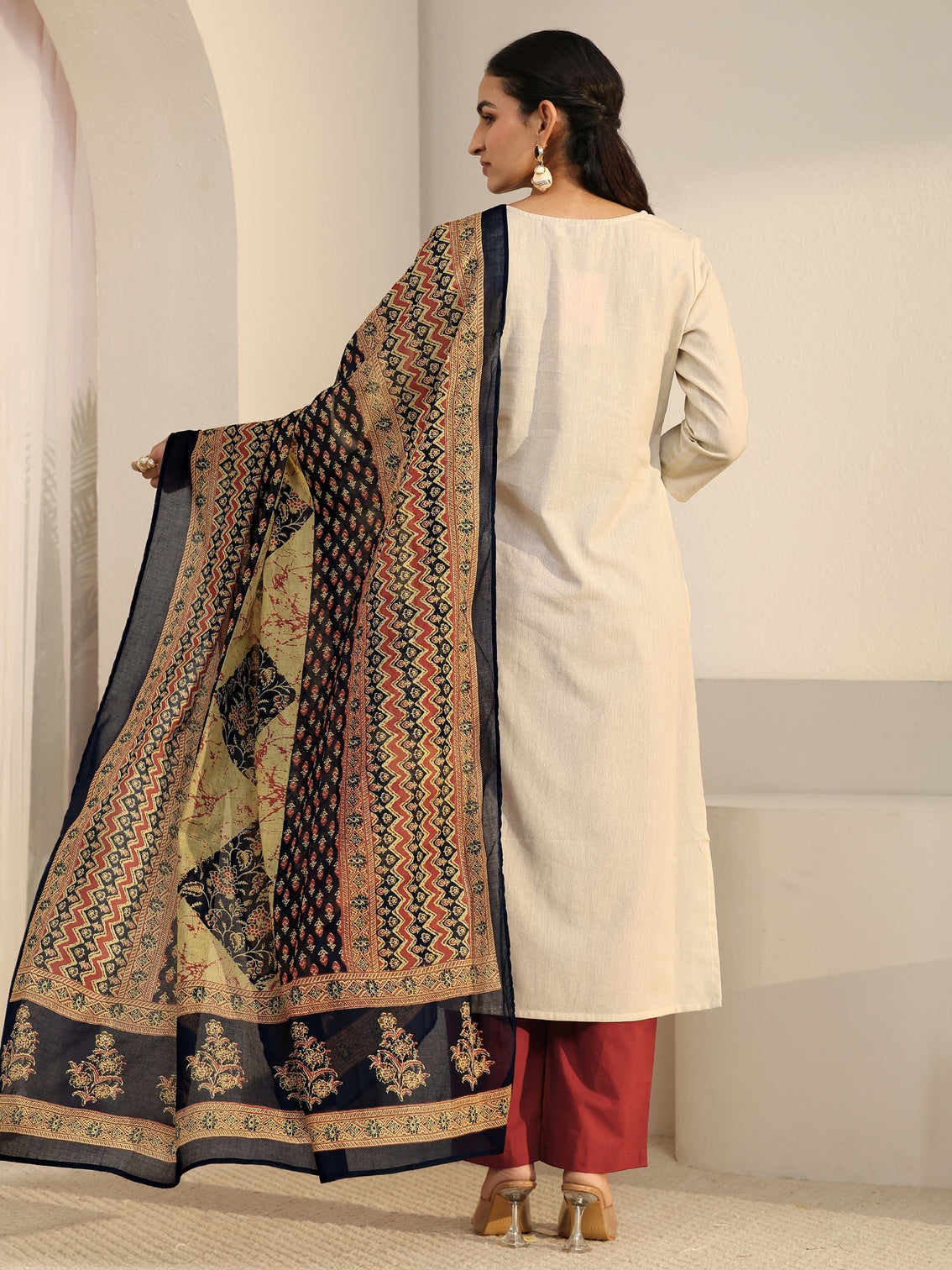 Mameraa Off White Chevron Cotton Blend Straight Suit Set