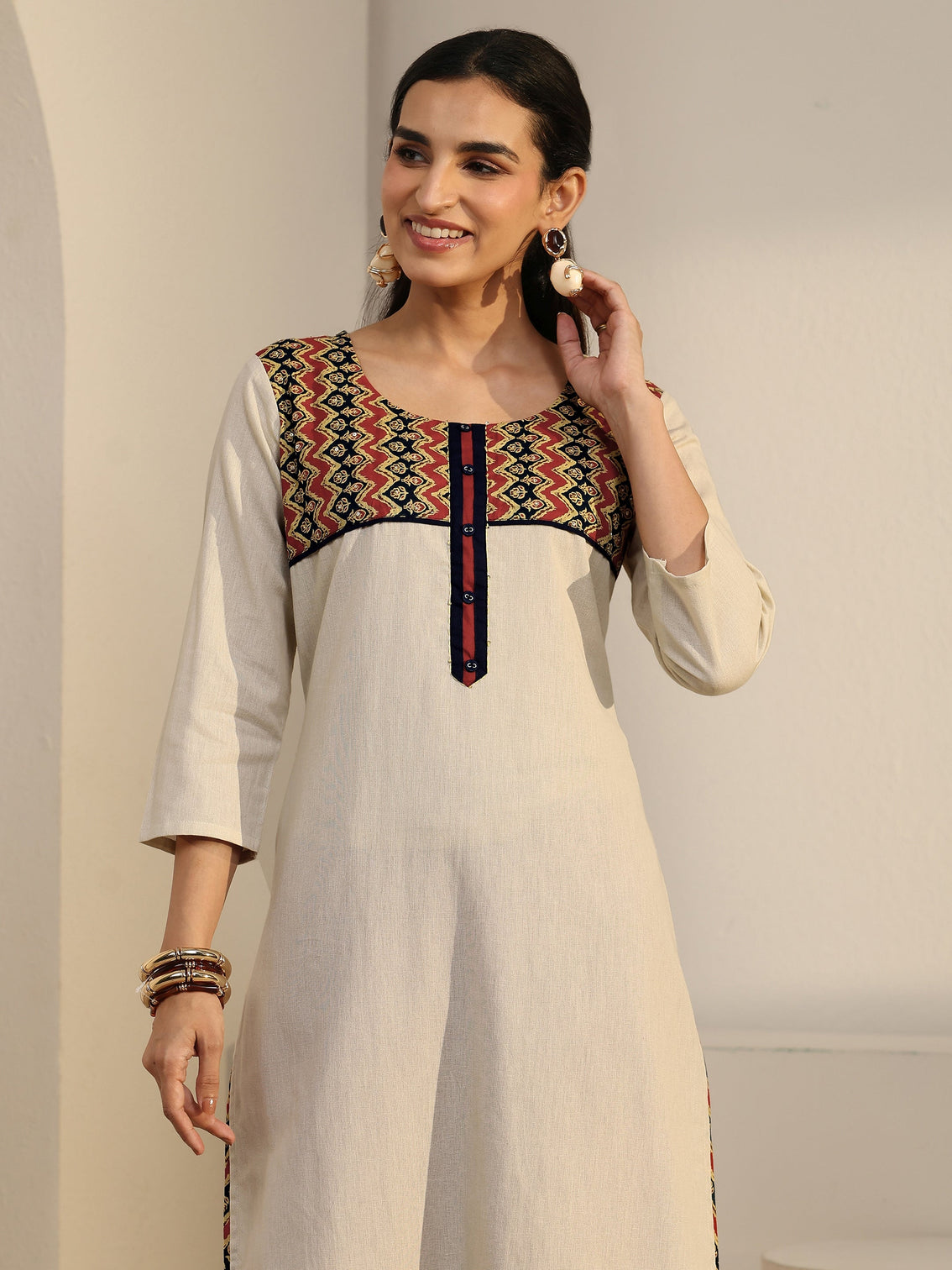 Mameraa Off White Chevron Cotton Blend Straight Suit Set